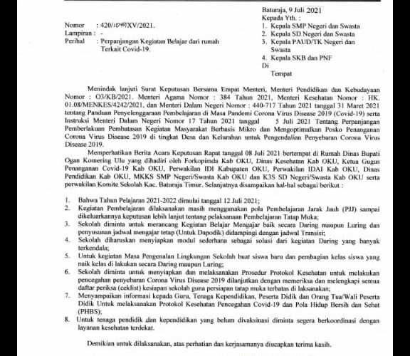 Proses Belajar Tatap Muka Ditunda, Dinas Pendidikan dan Kebudayaan OKU Keluarkan Surat Edaran