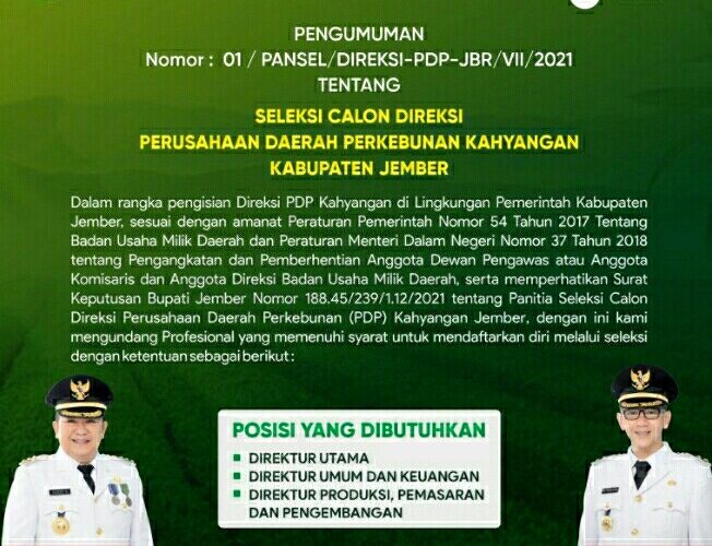 Tanpa Nepotisme PemKab Jember Buka Lowongan Direksi PDP Kahyangan